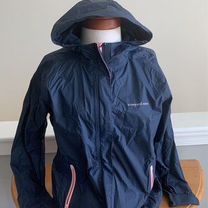 Vineyard Vines Navy Blue "Stow and Go" Rain Jacket with Pink Zippers - US Size S